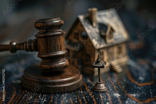 Detailed shot of a wooden judges gavel next to a tiny house model, showcasing craftsmanship and scale
