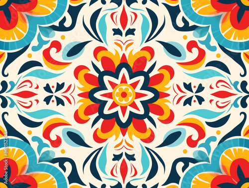 Vibrant Mexican National Ornament Background with Traditional Patterns  Colorful Folk Art Pattern with Floral and Geometric Motifs  AI Generation