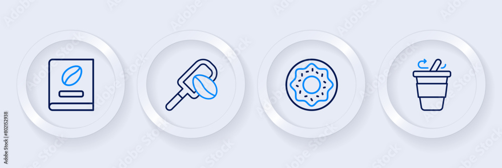 Set line Coffee cup to go, Donut, Spatula with coffee grain and book icon. Vector