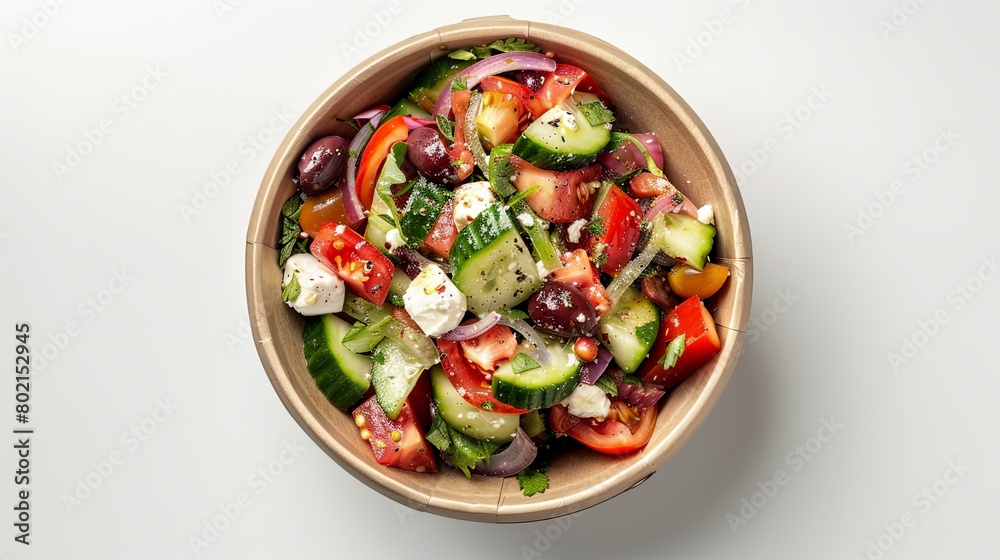 A tempting Greek salad presented in a disposable paper bowl, suitable for take-away orders, photographed from above on a white surface.