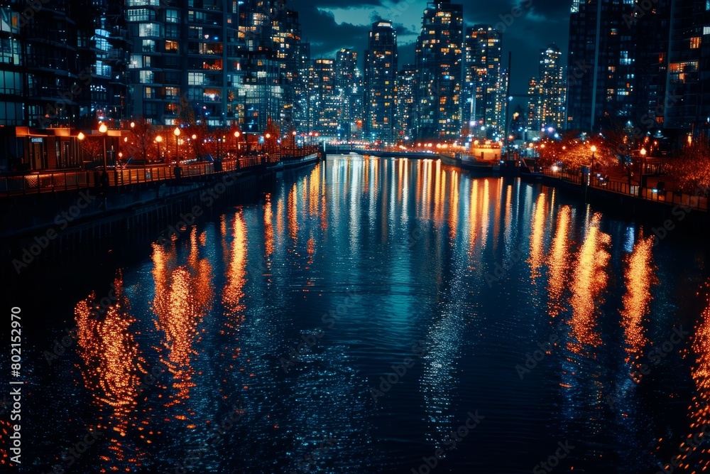 A high-angle view of a city at night with lights reflecting on the calm rivers surface, creating a mesmerizing scene