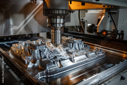 Close-up view of a CNC machine in a factory producing intricate metal parts, showcasing advanced technology and engineering