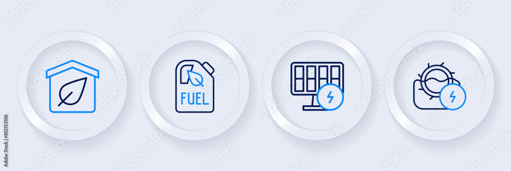 Set line Water mill, Solar energy panel, Bio fuel canister and Eco friendly house icon. Vector Set line Water mill, Solar energy panel, Bio fuel canister and Eco friendly house icon. Vector