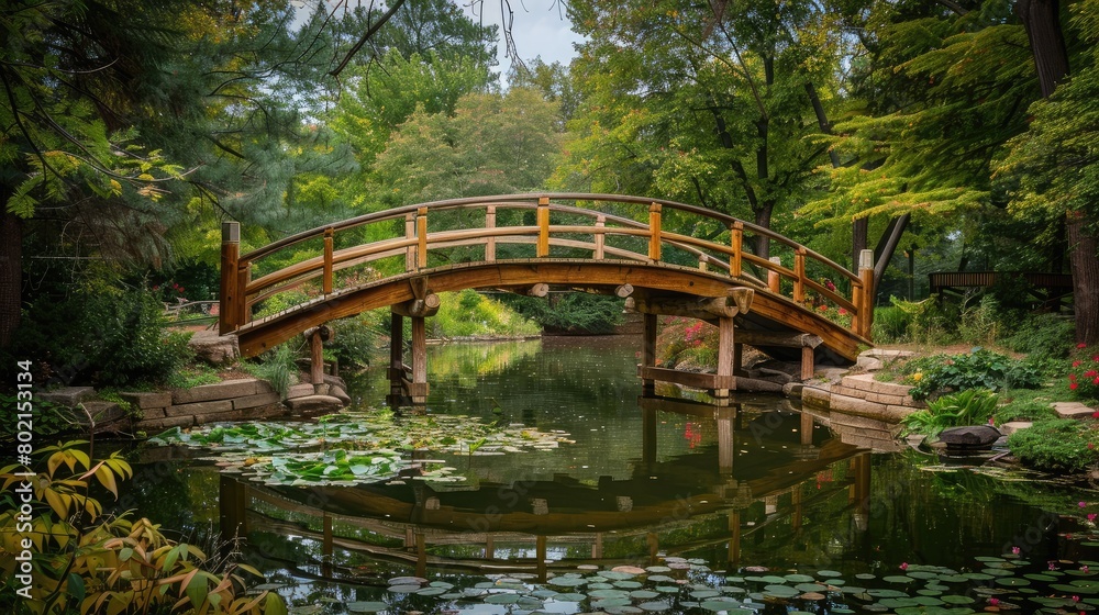 Wooden pedestrian bridge over a serene pond in a Japanese garden, embodying tranquility and Zen aesthetics.