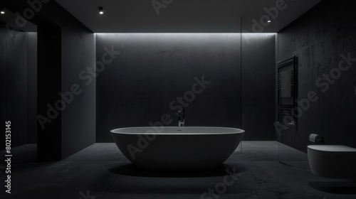 A large bathtub sits in a dark bathroom with a black wall. The room is dimly lit  creating a moody atmosphere