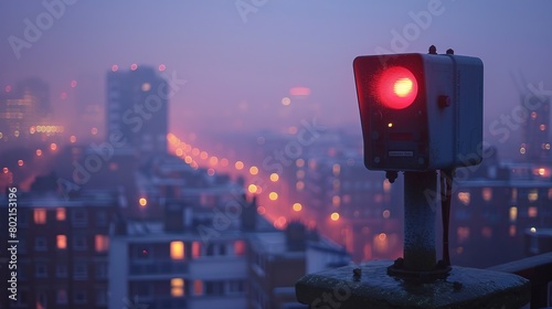 Air pollution monitor against city skyline, guardian of breath, close up, dusk vigil, clear focus 