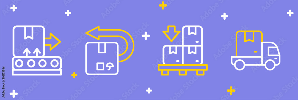 Set line Delivery cargo truck, Cardboard boxes on pallet, Return cardboard and Conveyor belt with icon. Vector Set line Delivery cargo truck, Cardboard boxes on pallet, Return cardboard and Conveyor belt with icon. Vector