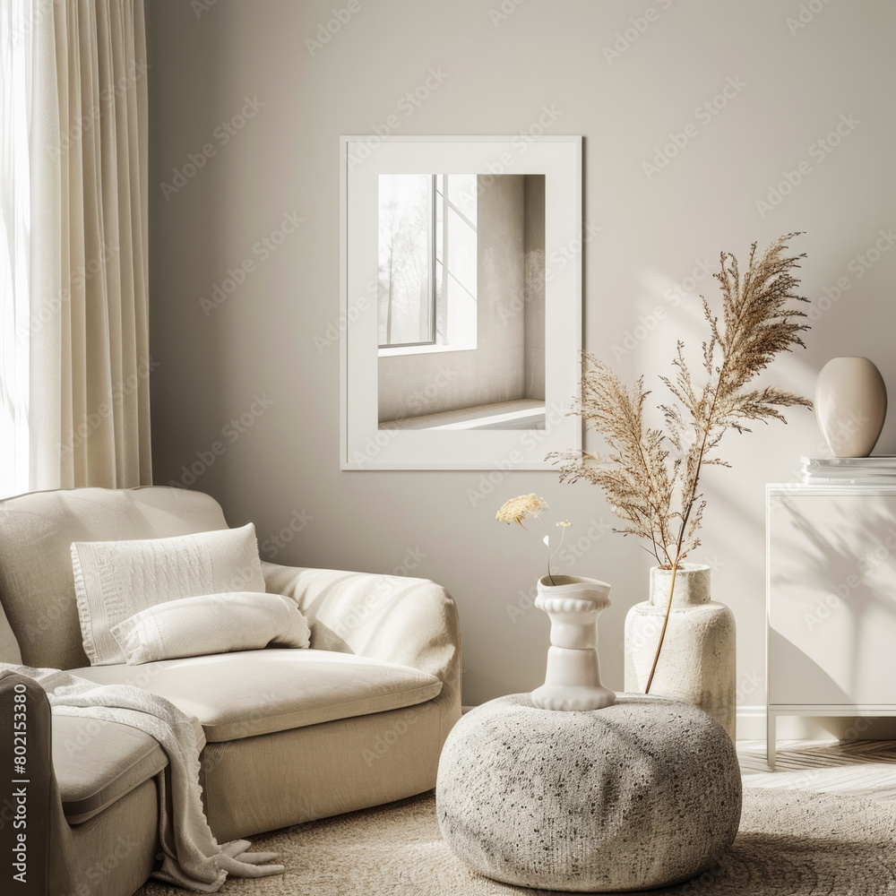 Naklejka premium A living room with a white couch, a white chair, and a white ottoman. A white framed picture hangs on the wall. A vase with flowers sits on a table