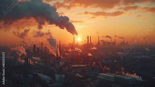 Industrial emissions at sunset, challenge to health, close up, call for change, twilight tones 