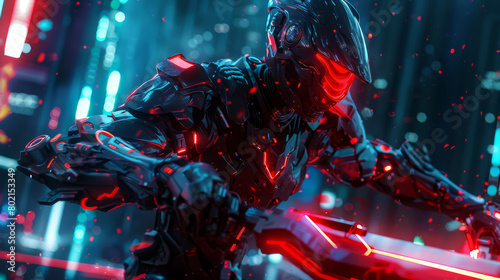 A sci-fi warrior in an armored suit with dynamic red and blue lighting photo