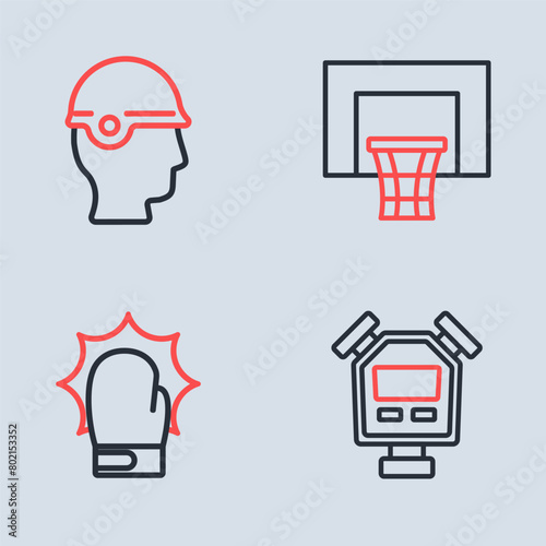 Set line Basketball backboard, Punch in boxing gloves, Stopwatch and Baseball helmet icon. Vector