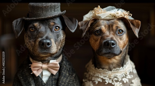 Two dogs are dressed up in cute outfits  posing together in a playful manner