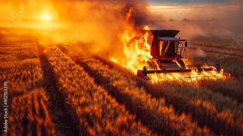 A fire breaks out in the wheat field as the combine harvester works its way through the harvest. Responding to an emergency of considerable scale on agricultural grounds. photo