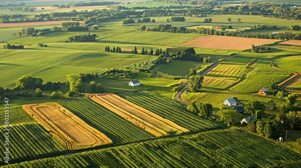An aerial perspective of expansive cornfields dotted with farmhouse clusters, illustrating the vastness of agricultural landscapes.