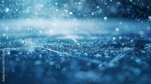 Ice hockey rink with icy blue particles gliding gracefully amidst a softly blurred scene, echoing the speed and precision of the sport.