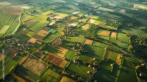 An aerial perspective of expansive cornfields dotted with farmhouse clusters, illustrating the vastness of agricultural landscapes. © chanidapa