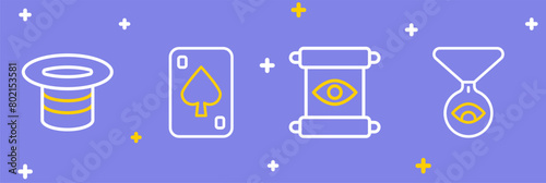 Set line Medallion on chain with eye, Magic scroll, Playing cards and hat icon. Vector