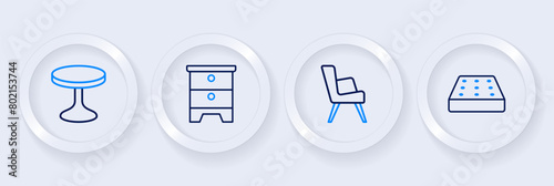 Set line Mattress, Armchair, Furniture nightstand and Round table icon. Vector