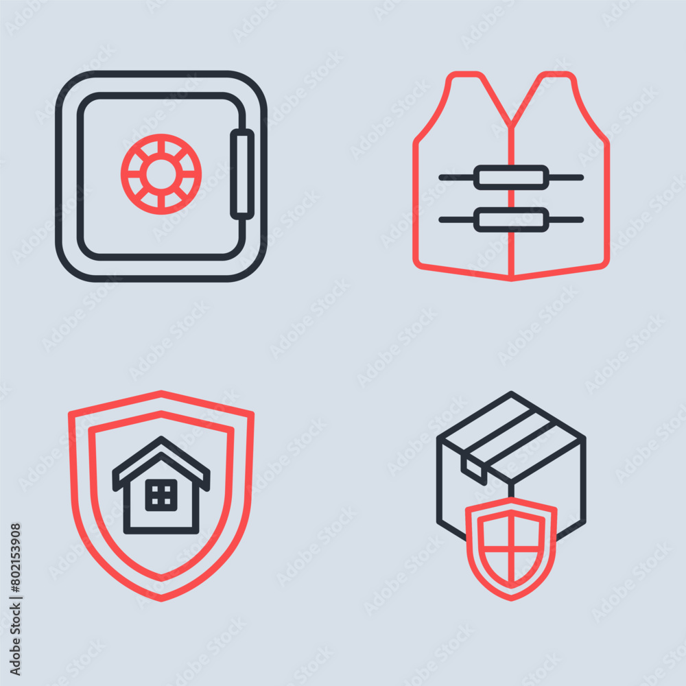 Set line Life jacket, House with shield, Delivery security and Safe icon. Vector Set line Life jacket, House with shield, Delivery security and Safe icon. Vector