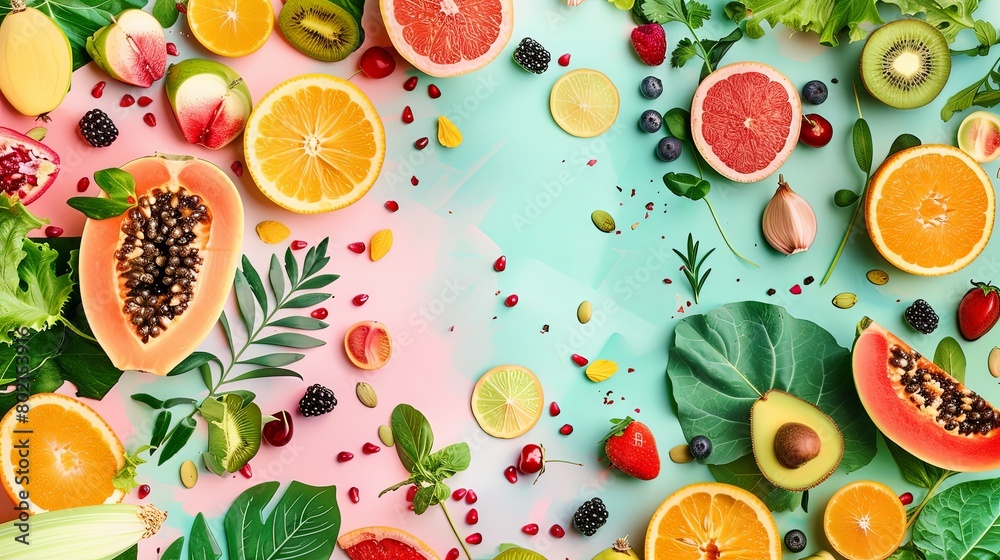 Background of colorful fruits, vegetables, and herbs, suitable for online shopping platforms or delivery services specializing in nutritious food options. Background of colorful fruits, vegetables, and herbs, suitable for online shopping platforms or delivery services specializing in nutritious food options.