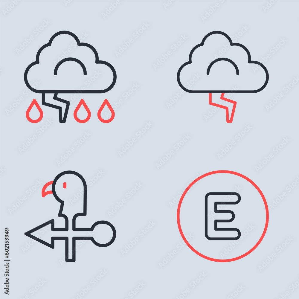 Set line Cloud and lightning, Rooster weather vane, Compass west and icon. Vector Set line Cloud and lightning, Rooster weather vane, Compass west and icon. Vector