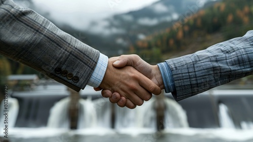 Business leaders shaking hands with a renewable energy consultant at a hydroelectric dam. emphasizing clean energy solutions.