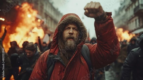 Backlit by the blazing city streets, a man brandishes his threatening fists, encapsulating the raw intensity of statewide chaos and rebellion. photo