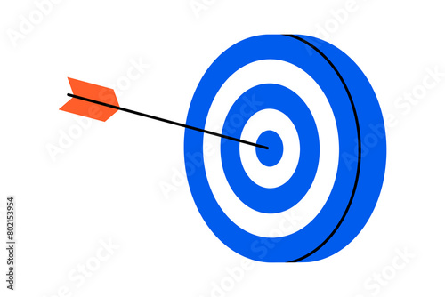 Hand drawn cute illustration of arrow hit center of target. Flat vector hit the bull's eye in doodle. Successful strategy icon. Goal achievement. Find problem solution. Unsuccessful attempts. Isolated