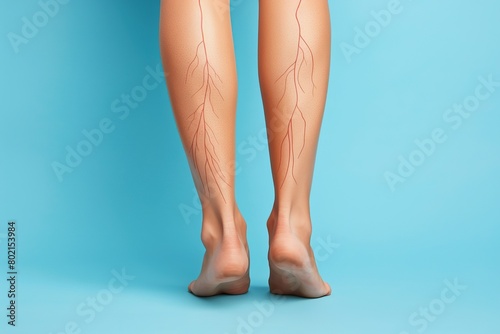 Patient with sign of varicose veins symptoms on a legs. Blue background. Leg pain. Phlebology. Venous pathologies of the lower extremities. Human vessel, arteries. Capillaries. Blood system. Banner