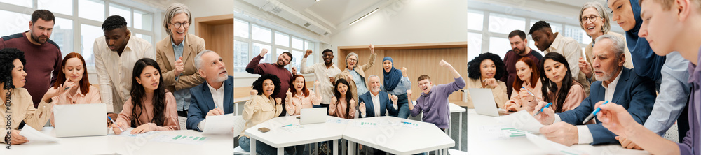Fototapeta premium Successful, multinational workers, CEO using laptop, discussing ideas, planning, brainstorming