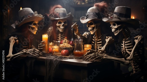 The ironic celebration of life continues after death in an old bar, as skeletons laugh and toast, enjoying an eternally festive existence.