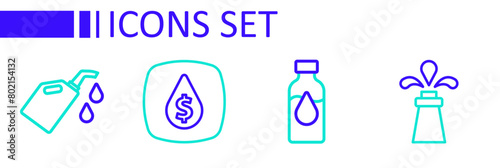 Set line Oil rig, petrol test tube, drop with dollar symbol and Canister for motor machine oil icon. Vector