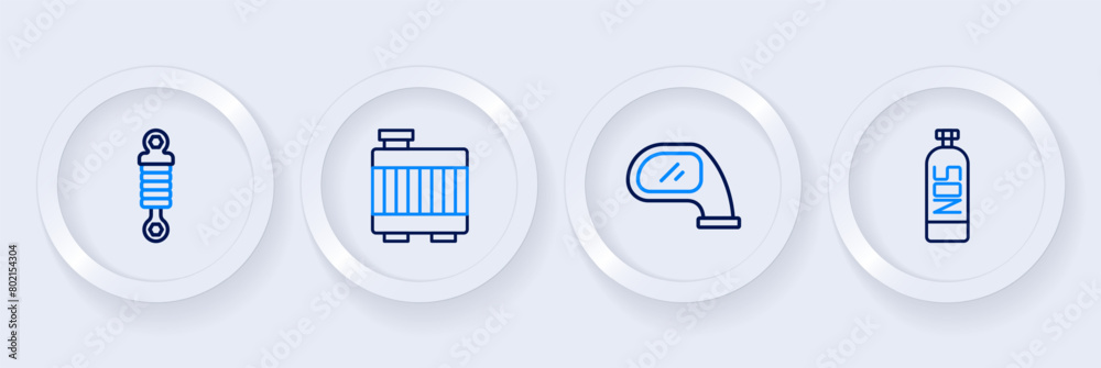 Set line Nitrous oxide, Car mirror, radiator cooling system and Shock absorber icon. Vector Set line Nitrous oxide, Car mirror, radiator cooling system and Shock absorber icon. Vector