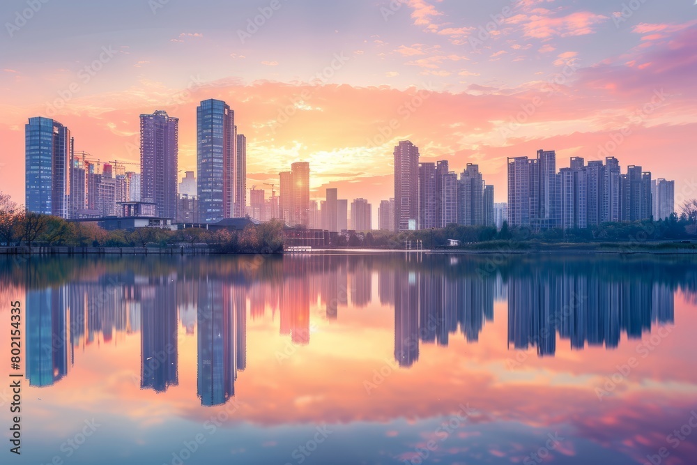Tall buildings are reflected on a large body of water at sunrise, creating a serene cityscape mirrored in the calm lake