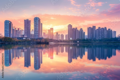 Tall buildings are reflected on a large body of water at sunrise  creating a serene cityscape mirrored in the calm lake