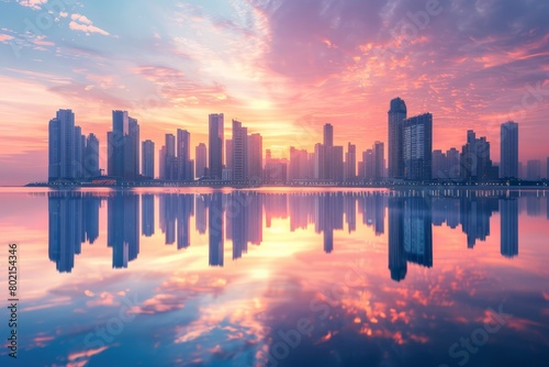 A panoramic view of a cityscape reflected in the calm waters of a lake at sunrise, creating a serene and picturesque scene