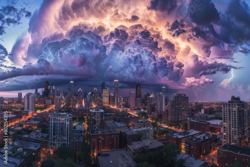A dramatic storm cloud looms over the city skyline, casting a shadow over the buildings below as lightning strikes in the background