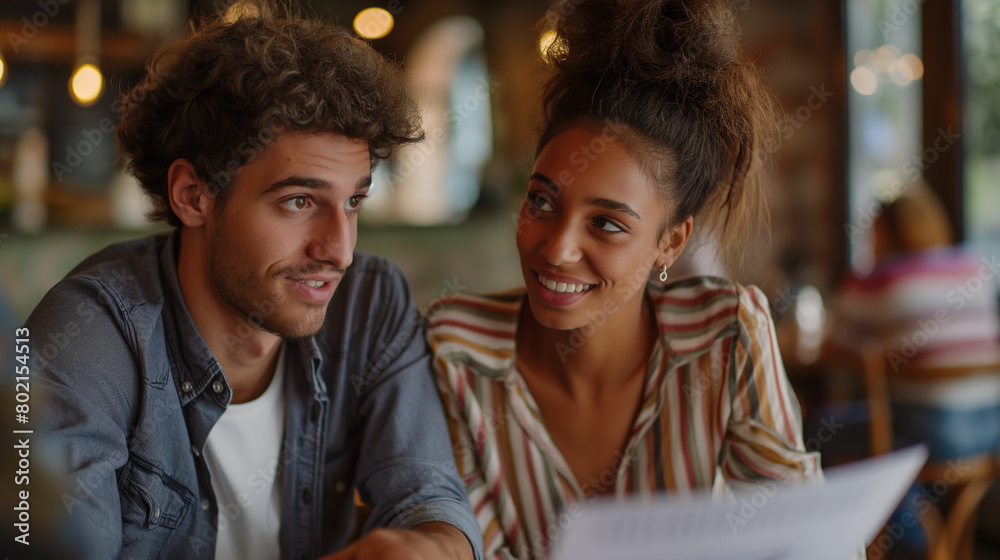 Young couple communicating with insurance agent while analyzing documents during meeting. Young couple communicating with insurance agent while analyzing documents during meeting.
