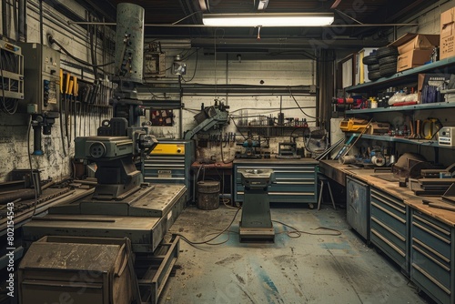 A wide-angle view of a metalworking workshop with shelves filled with various tools and equipment, including a prominent CNC machine