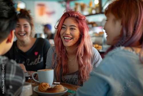 A group of young women with one having pink hair sit at a table in a cafe  laughing and chatting while holding cups