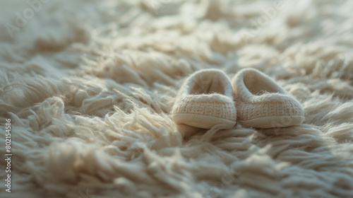 A newborn baby's first tiny pair of shoes placed on a soft, plush rug, symbolizing new beginnings photo