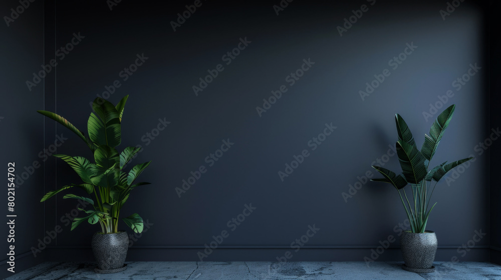 A room with two potted plants and a wall. The plants are tall and green, and the wall is painted black. The room has a minimalist and modern feel A room with two potted plants and a wall. The plants are tall and green, and the wall is painted black. The room has a minimalist and modern feel