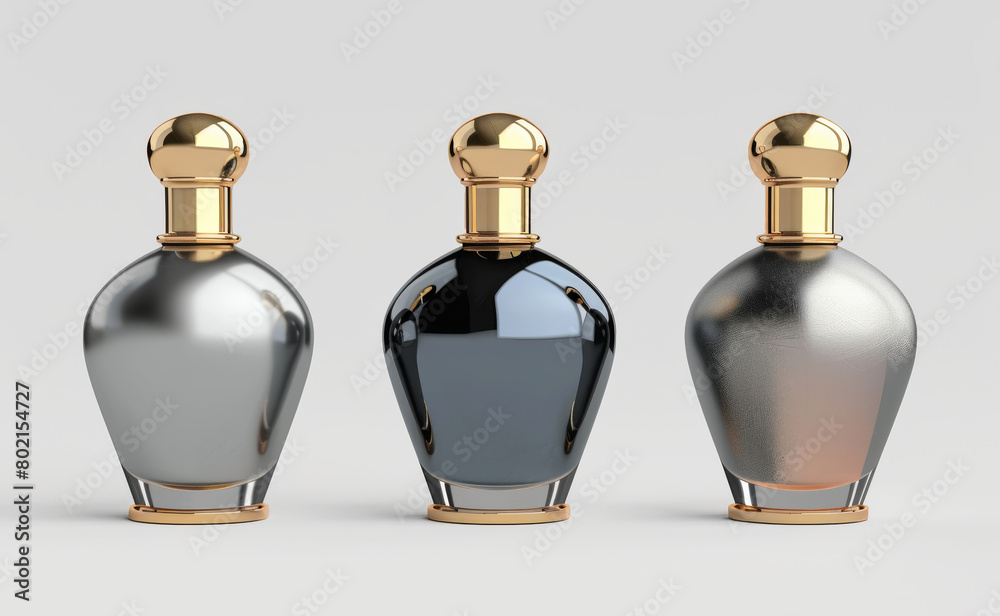 Three perfume bottles with gold tops and silver bodies Three perfume bottles with gold tops and silver bodies