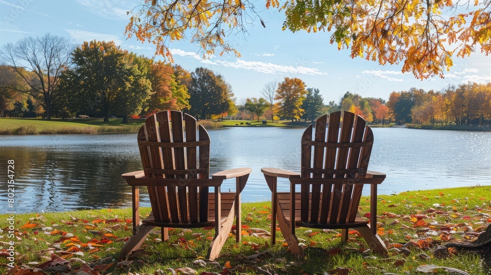 Idyllic park scene with classic wooden Adirondack chairs overlooking a scenic lake, ideal for leisurely lounging.
