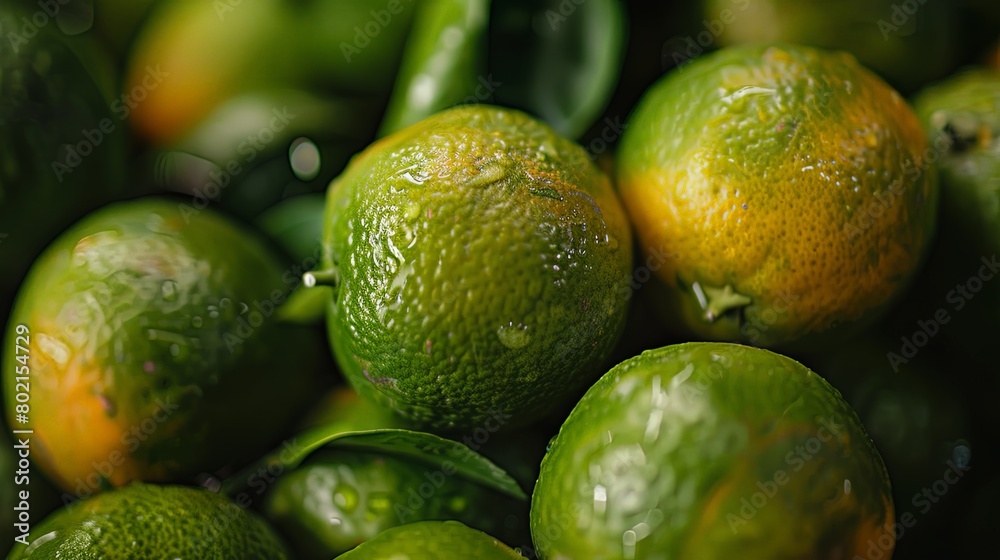 Close-up of freshly picked sweet green oranges, showcasing their bright color and succulent texture.