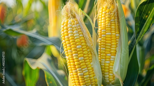 Close-up of ripe corn cobs ready for picking, highlighting the essence of abundance and prosperity in agricultural endeavors.