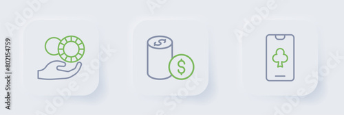 Set line Online poker table game, Casino chip with dollar and Hand holding casino chips icon. Vector