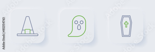 Set line Coffin with christian cross, Ghost and Witch hat icon. Vector