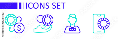 Set line Online sports betting, Casino dealer, Hand holding casino chips and exchange icon. Vector