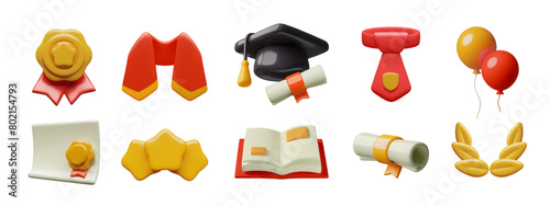 Student graduation ceremony 3D icons collection. Three dimensional education awards and wisdom symbols minimal vector objects and elements set isolated on white background. photo